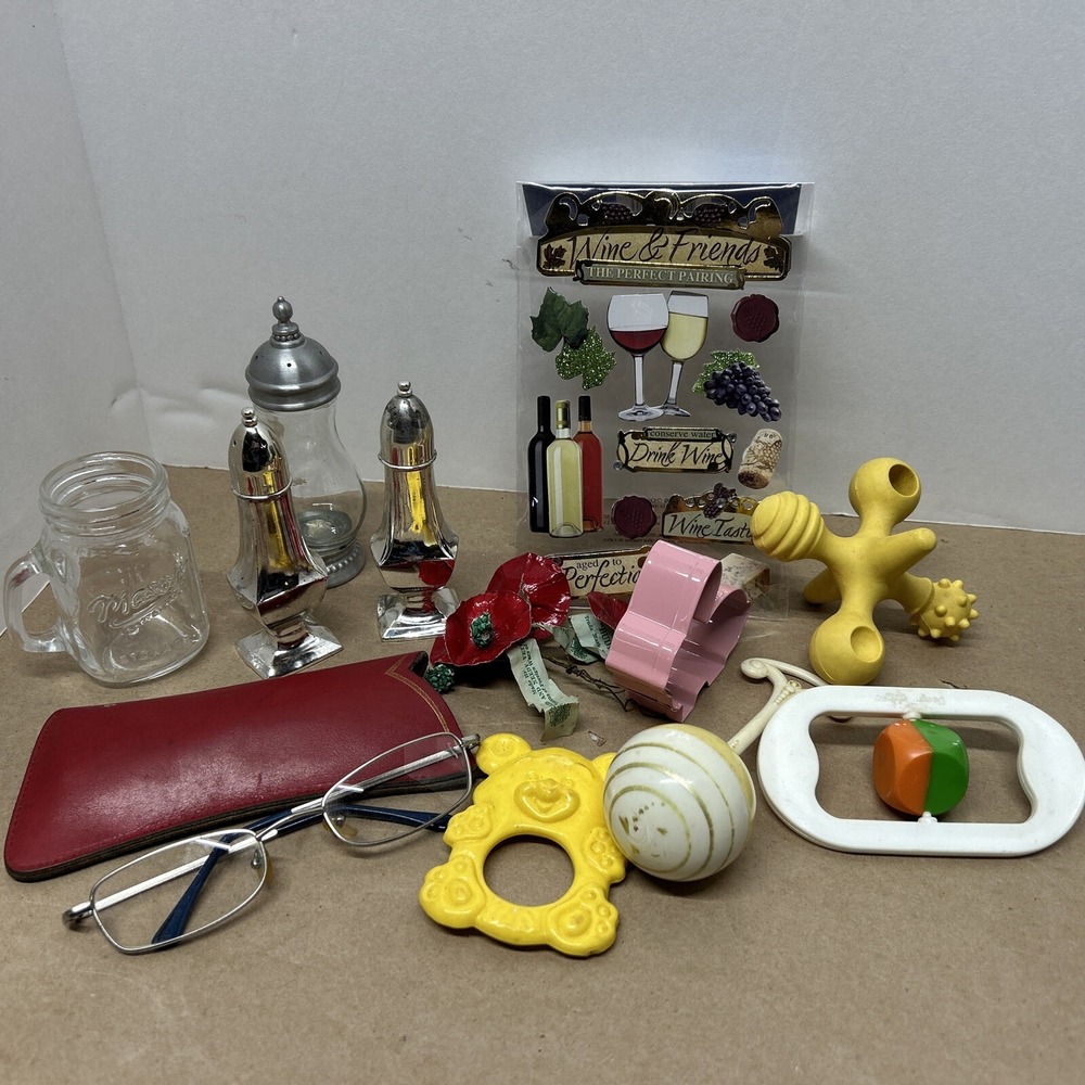 Vintage To Now Junk Drawer Oddities Baby Toys Salt And Peppers Poppies Glasses